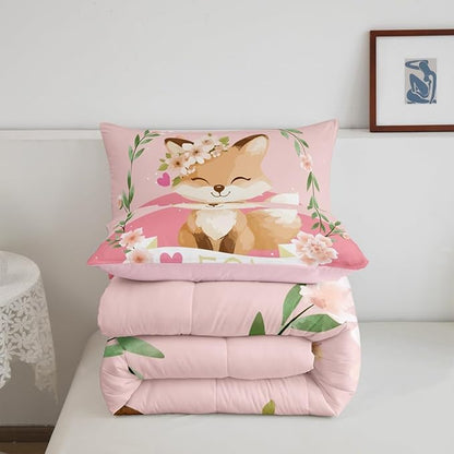 Feelyou Girls Cartoon Fox Comforter Set Cute Fox Bedding Set for Kids Boys Girls Kawaii Animal Duvet Set Botanical Floral Comforter 1 Comforter Set with 1 Pillowcase Twin Size