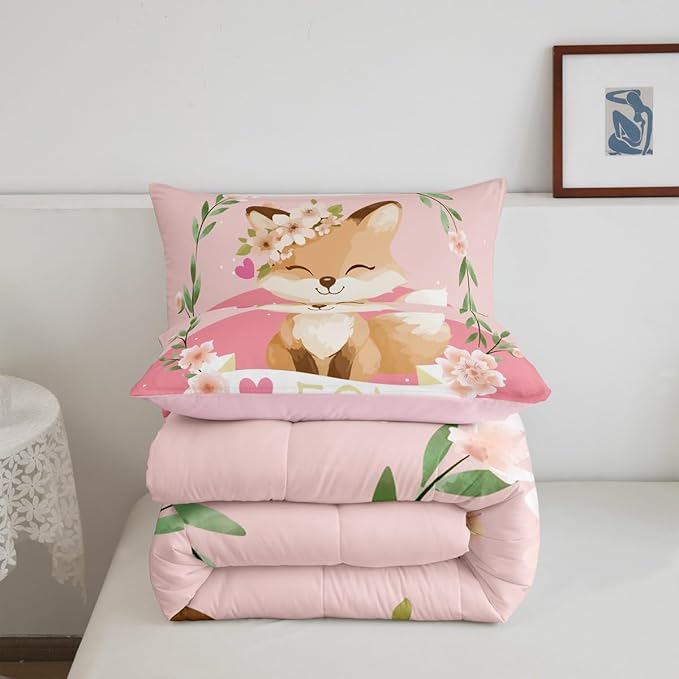 Feelyou Girls Cartoon Fox Comforter Set Cute Fox Bedding Set for Kids Boys Girls Kawaii Animal Duvet Set Botanical Floral Comforter 1 Comforter Set with 2 Pillowcases Full Size