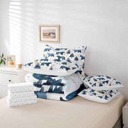 Erosebridal Cabin Bear 7 Piece Comforter Set Full | Wildlife Jungle Hunting Bed in A Bag Wild Animals Farmhouse Sheet Set Winter Snowflakes Pine Trees Fitted Sheet Breathable Lightweight
