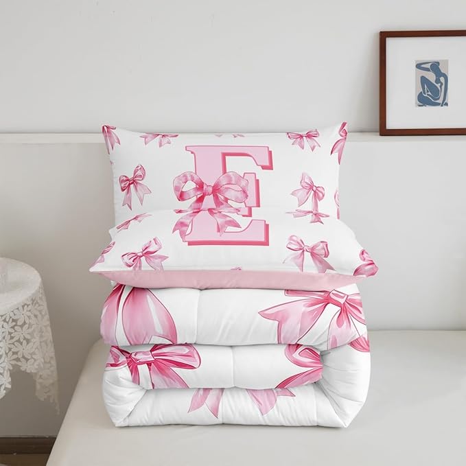 Erosebridal Dreamy Princess Bowknot Girls Queen Bedding Set Kids Pink Initial Letter E Bedding Comforter Sets Cute Kawaii Letter Bow Comforter Set Romantic Chic Bowknot Quilt Duvet Room Decor