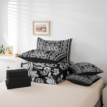Comforter Set Queen Size, Dusty Grey Aztec Damask 7 Pcs Bedding for Kids and Adults, Victorian Decor Western Baroque Goth Bed Sheet Sets with Fitted Sheet 2 Pillowcases & 2 Shams for Bedroom Bed Decor