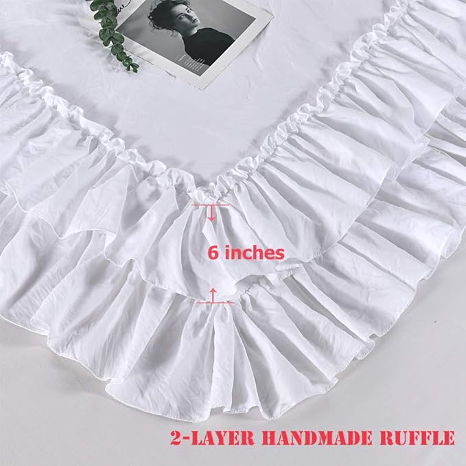 Masaca White Ruffled Comforter Set Queen,Lightweight Farmhouse Shabby Boho Chic White Bedding,Ultra Soft Fluffy Washed Microfiber Bed Comforter Set 3-Piece (1 White Comforter+2 Ruffle Pillow Shams)