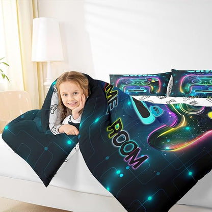 jejeloiu Cool Gamer Bedding Set Toddle Size for Boys 3D Gaming Comforter Set Kids Teens Bright Color Duvet Set Modern Game Console Quilt Set 2Pcs