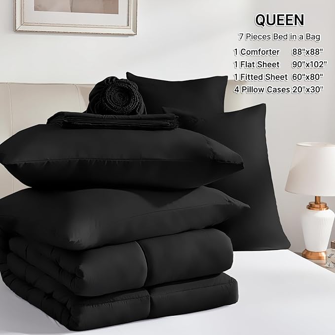 SunStyle Home Full/Queen Comforter Set - 7 Pieces Black Bed in a Bag, All Season Soft Comforters Queen Size Bedding Sets Includes 1 Comforter, 1 Flat Sheet, 1 Fitted Sheet, 4 Pillowcases
