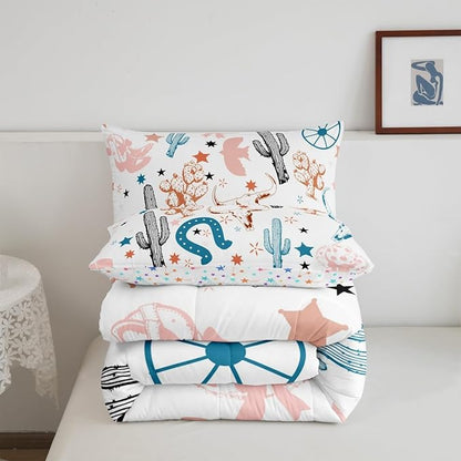 Feelyou Pink Western Aztec Bedding Set Kids Wild Cowboy Comforter Set Toddler Size Horseshoes Cactus Bull Skull Boots Boho Rustic Duvet Quilt for Women Men Room Decor Soft with 1 Pillow Case 2Pcs