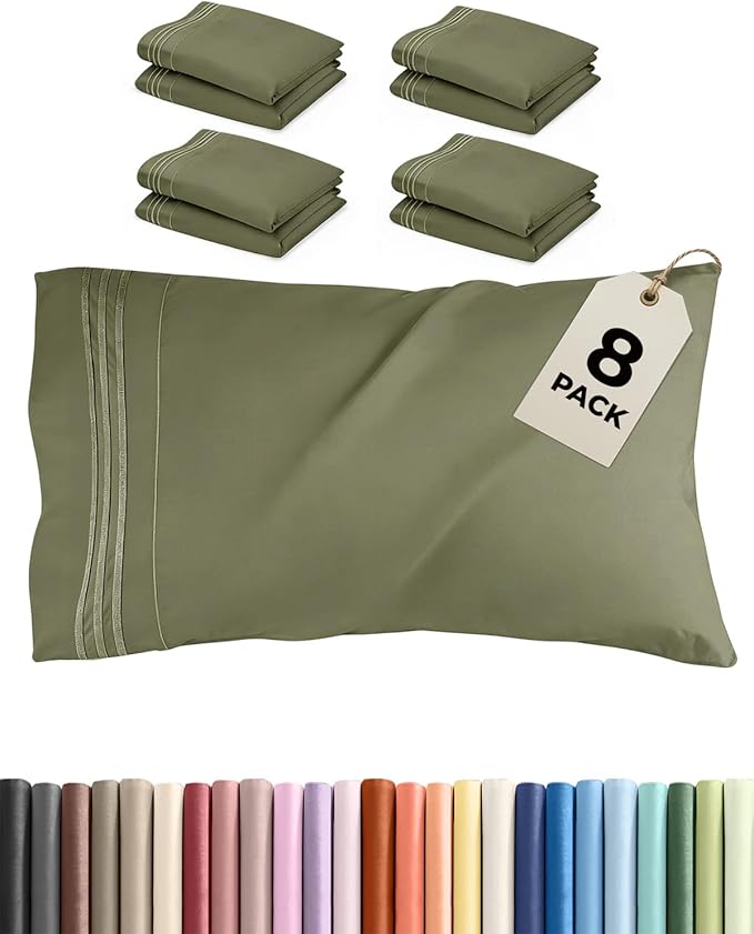 King Pillow Cases Set of 8 - Ultra Soft Hotel Quality Pillowcase Covers - Comfy. Cozy & Wrinkle Free - Shrink, Stain and Fade Resistant - Machine Washable Pillow Protectors - 8 Piece Set - Sage Green