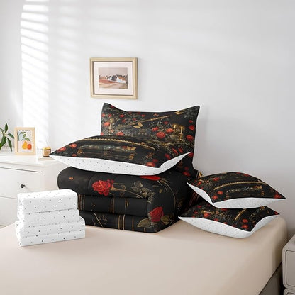 Erosebridal Vintage Piano Print Comforter Set King with Sheets,Music Themed Bedding Set Musical Instruments Decor for Home,7 Piece Butterfly Rose Flower Bed in a Bag with Pillowcases & Shams