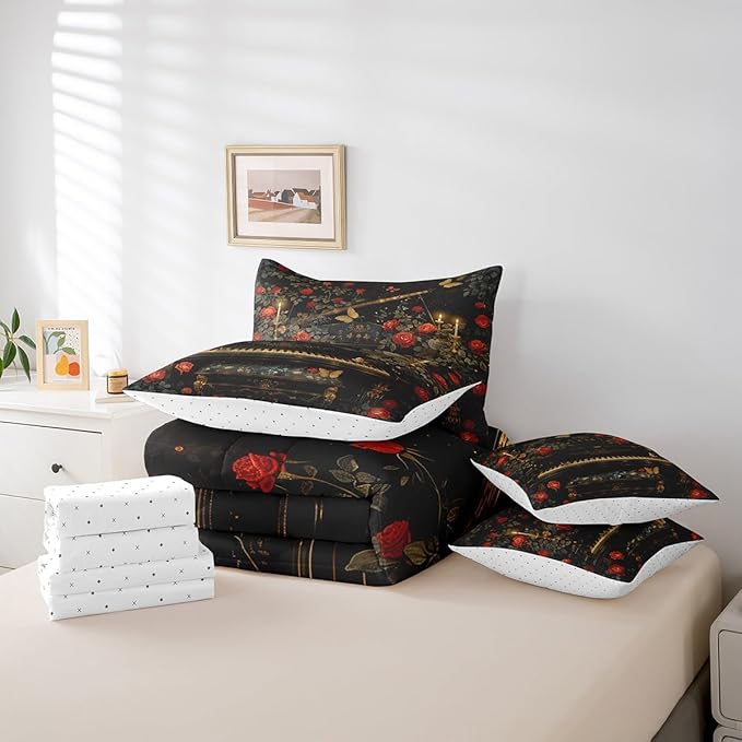 Erosebridal Vintage Piano Print Comforter Set Twin with Sheets,Music Themed Bedding Set Musical Instruments Decor for Home,7 Piece Butterfly Rose Flowers Bed in a Bag with Pillowcases & Shams