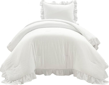 Lush Decor Reyna Ruffle Comforter Set - 2 Piece Twin Size Ruffle Comforter Set - Elegance for Dorm Room - Twin XL, Pure White