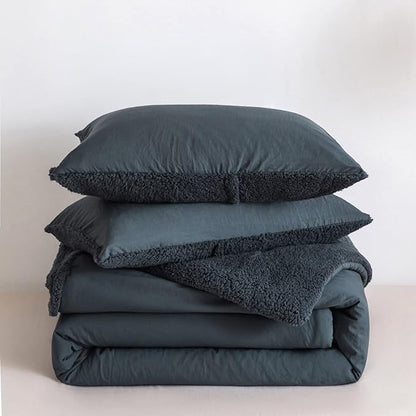 Warmth Queen Comforter Set - Super Soft Fluffy Sherpa Fleece PolyCotton Down Alternative Bedding Blanket Comforter Pillowsham, Plush Medium Weight for Winter Autumn, Dark Dusty Blue Grey Full/Queen