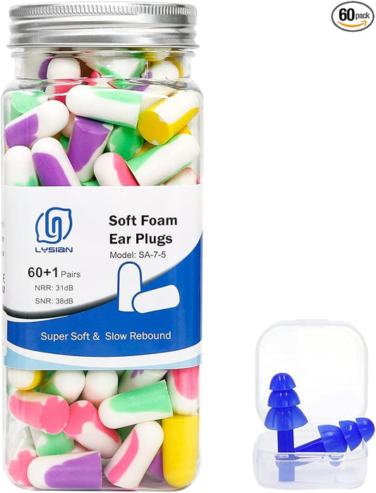 LYSIAN Ultra Soft Foam Earplugs for Sleep- Noise Cancelling Ear Plugs for Sleeping, Shooting,Snoring, Mowing Sound Reduction 38dB- 60 Pairs Multi Color