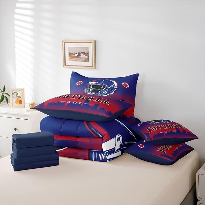 Erosebridal Football City 7 Piece Bedding Set Sports Ball Games Bed in A Bag American Rugby Comforter Set with Sheets Queen Size for Kids Teen Adults,City Theme Competitive Games Bed Set