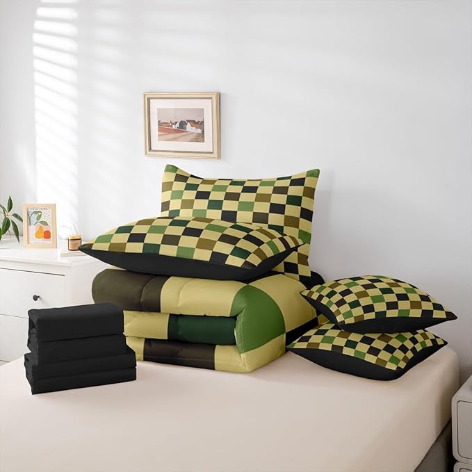 Checkered Retro Comforter Set King Size 7 Pieces Hunter Green Plaid Bedding Set for Kids Boys Girls Geometric Camo Army Bed in a Bag Modern Hunting Groovy Aesthetic Bedroom Decor Quilted Lightweight