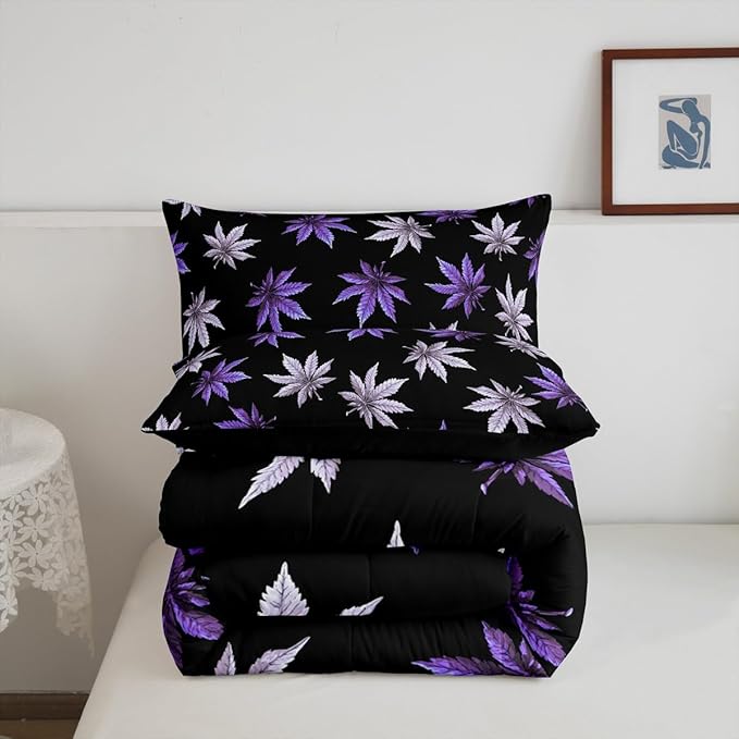 Erosebridal Purple Leaves Comforter Set Full, Leaves Bedding for Kids Teens Adult,Tropical Botanical Down Comforter,Exotic Plant Bedding Comforter Sets,Lightweight