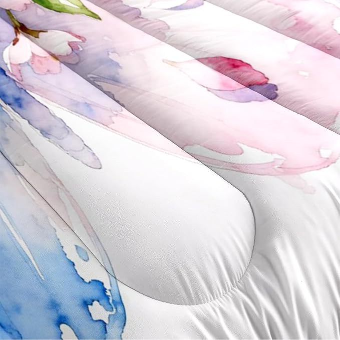 Butterfly Comforter Set Queen 3 Pieces Blue Pink Butterfly Bedding Set for Kids Teens Butterflies Cherry Blossom Comforter with 2 Pillowcases,White Super Soft Microfiber All Season