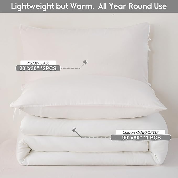 Ultra-Soft White Comforter Queen Size Bed - Comfy Cozy Washed Polycotton - Comfort Fluffy Bedding Blanket Down Alternative Comforter Set with Pillowcase - Lightweight but Warm All Season