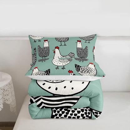 Erosebridal Chicken Comforter, Cartoon Chick Bedding Set, Cute Farmhouse Animal Down Comforter Twin Size, Teal Black Quilted Duvet Lightweight Bedroom Decor for Kids Boys Girls, 1 Pillow Case