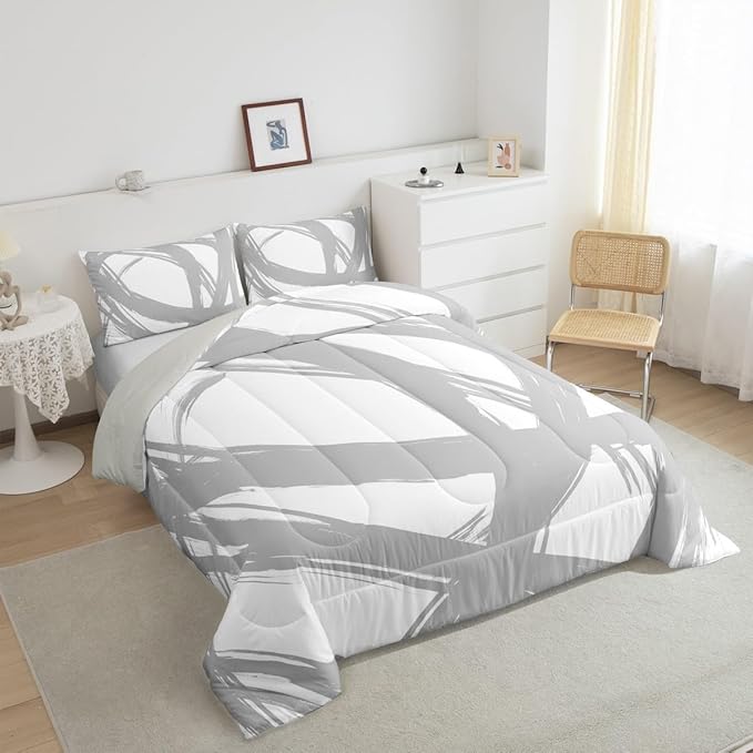 Gray and White Abstarct Comforter Set Twin Size for Kids Boys Girs,Graffiti Stripes Lines Bedding Set,Aesthetic Geometric Duvet Insert for Minimalists,Contemporary Boho Modern Art Quilt