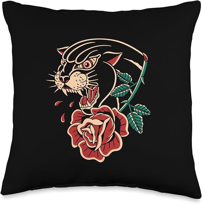 Panther Rose American Traditional Tattoo Ink Old School Throw Pillow