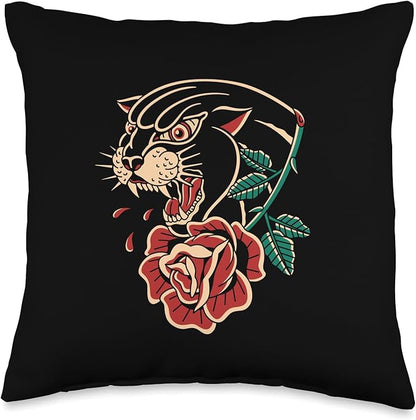 Panther Rose American Traditional Tattoo Ink Old School Throw Pillow