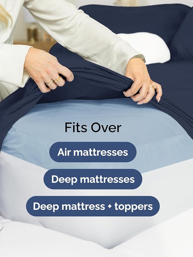 Extra Deep Split King Sheet Set - 7 Piece Breathable and Cooling Sheets - Hotel Luxury Bedding for Women, Men, Kids & Teens - Easy Secure Fit - Soft and Wrinkle Free - Extra Deep Pockets - Navy Blue
