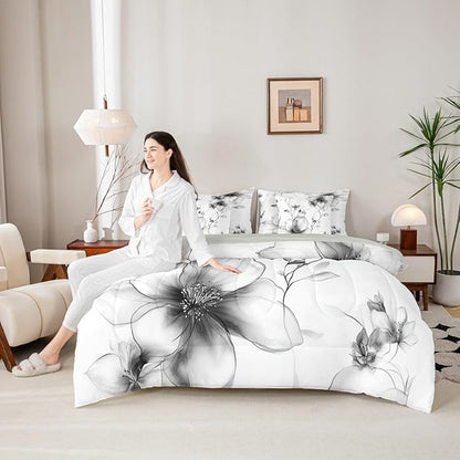Erosebridal Black and White 7 Pcs Bedding Set Twin, Boho Flower Comforter Set with Sheets for Women Men Adults, Artistic Watercolor Floral Bed in A Bag, Ink Painting Style Blossom & Leaf Bed Sets