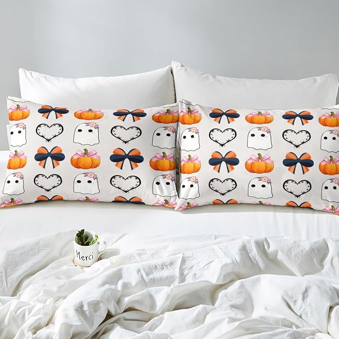 Erosebridal Fall Pumpkin Comforter Set Toddler, Halloween Ghost Bedding Set, Bow Comforter for Kid Girls Teens Women Kawaii Room Decor, Black Love Heart Quilt with 1 Pillowcase