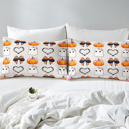 Erosebridal Fall Pumpkin Comforter Set King, Halloween Ghost Bedding Set, Bow Comforter for Kid Girls Teens Women Kawaii Room Decor, Black Love Heart Quilt with 2 Pillowcases