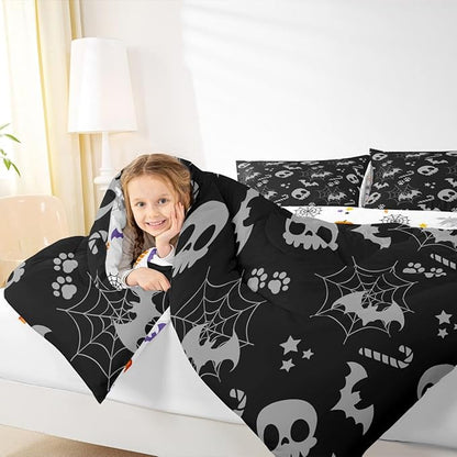 Erosebridal Cute Gray Halloween Queen Comforter Set Spider Web Skull Bat Bedding Set Spooky Goth Gothic Animal Bed Set Horror Halloween Quilt Set for Kids Teens Adults
