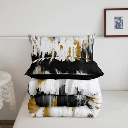 Erosebridal Black Gray Comforter Set Queen Abstract Watercolor Bedding Set, Gradient Stripe Down Comforter Chic Vintage Aesthetic Bed Set, Graffiti Oil Painting Modern Quilted Duvet for Kids Teens