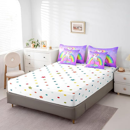 Erosebridal Unicorn 7 Piece Comforter Set Full,Rainbow Unicorn Bedding Set for Little Kids Boys Girls Bedroom Decor,Purple Starry Sky Down Comforter,Kawaii Cartoon Animals Flat Fitted Sheet,Reverse