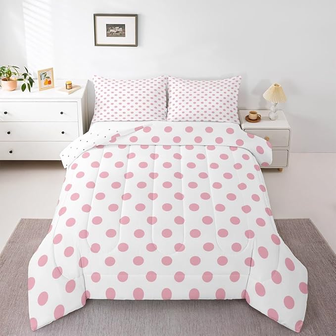 Manfei Pink Polka Dots Comforter Set Queen Size,French Style Dots Cartoon Cute Girly Bedding Set for Teens Adults,Geometric Circles Pink White Simple Art Comforter,3 Pcs 2 Pillowcases