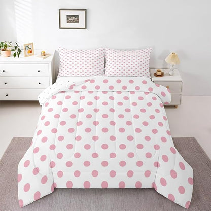 Manfei Pink Polka Dots Comforter Set Toddler Size,French Style Dots Cartoon Cute Girly Bedding Set for Kids Teens,Geometric Circles Pink White Simple Art Comforter,2 Pcs 1 Pillowcase