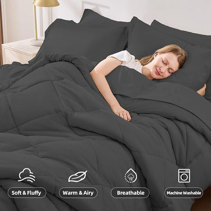 FUANNA 7 Pieces King Size Comforter Set, All Season Bed in a Bag King Size, Luxury Soft Bedding Sets with Comforter, Flat Sheet, Fitted Sheet, Pillowcases & Pillow Shams, Dark Grey