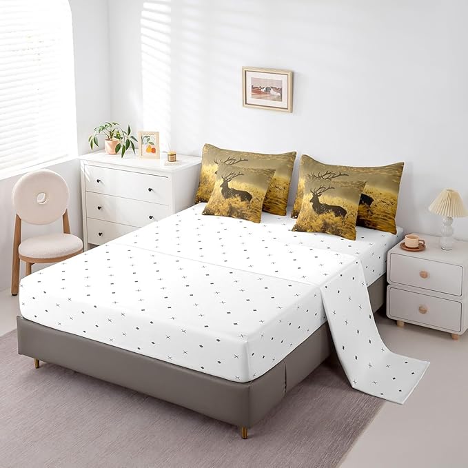 Erosebridal Deer 7 Piece Bed in a Bag Full Size,Deer Antler Comforter Set,Rural Hunting Theme Down Comforter,Rustic Countryside Style Fitted Sheet,Wild Animals Bedding Sets for Bedroom Decor