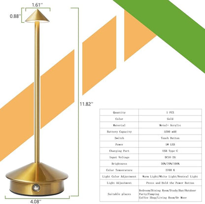Cordless LED Table Lamp, Rechargeable 5200mAH Battery Operated Lamp for Decor, 3 Color Stepless Dimming Desk Lamps, for Restaurant, Bedroom, Outdoor Camping, Coffee Shop, Night Light