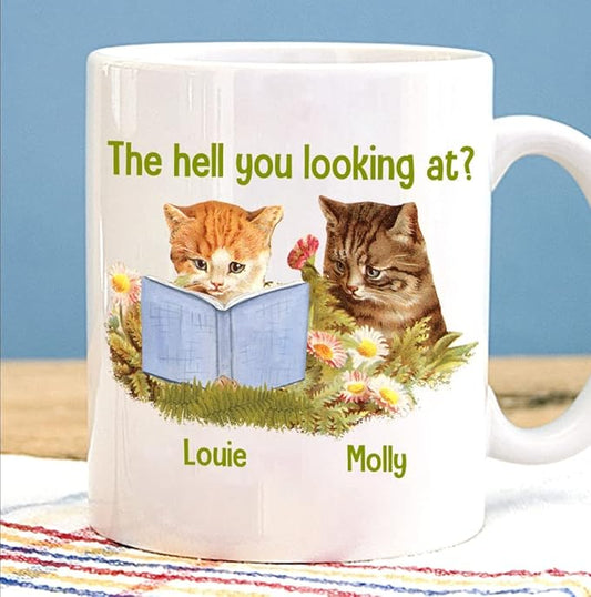 The Hell You Looking At Mug - Gift For Girlfriend - Birthday Gift - Gift For Book Lover - Cat White Mug (11 oz, White/Light Blue)