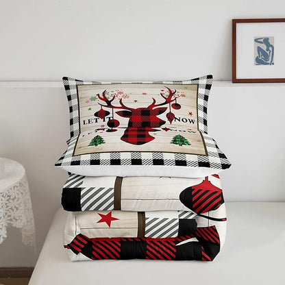 Christmas Plaid Comforter Set Twin Size,Red Black Reindeer Bedding for Kids Teens Adults Home Room Decor,Rustic Farmhouse Style Quilted Duvet Vintage Snowflake Pine Bedspread,1 Pillowcase