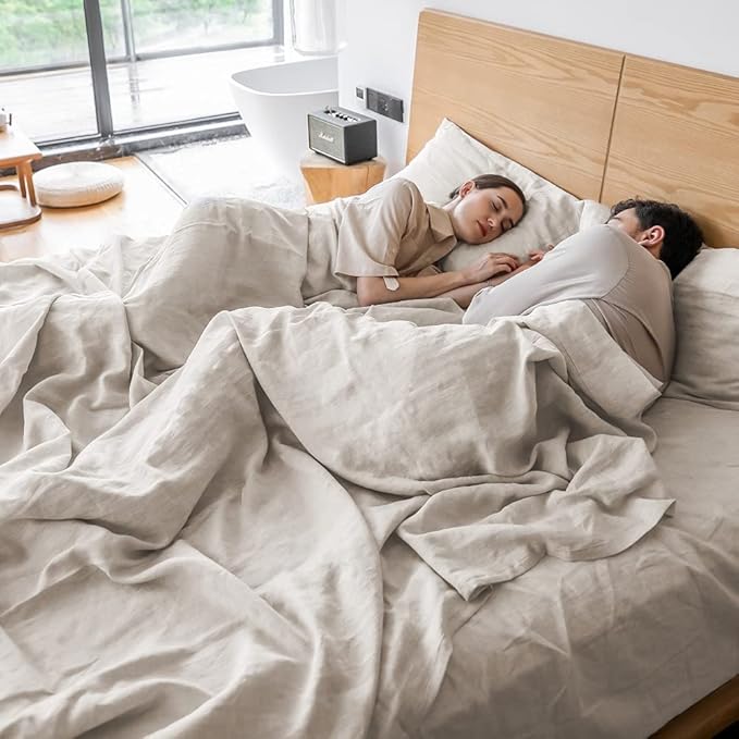 Simple&Opulence Washed Linen Bed Sheet Set Basic Style 4 Pieces (1 Flat Sheet & 1 Fitted Sheet & 2 Pillowcases) 100% Natural French Flax Soft Breathable Farmhouse Bedding (King, Linen)