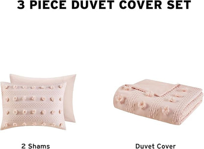 Intelligent Design Queen Duvet Cover Set, Clipped Jacquard Duvet Set Chic Pompoms Accent, All Seasons Lightweight Microfiber Bed Cover for Comforter with 2 Shams, Lucy, Full/Queen Pink 3 Piece