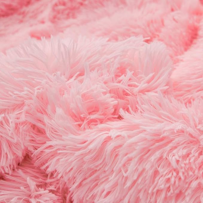 Flysheep Luxury Faux Fur King Size Winter Comforter Set Shaggy Velvet Blush Pink Long Hair, 3 Pieces Plush Flannel Sherpa Backing Reversible Soft Microfiber Super Warm Bedding Set for Holiday