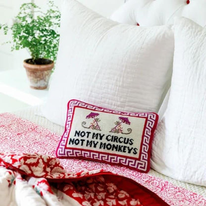 FURBISH Needlepoint Decorative Throw Pillow - Not My Circus Not My Monkeys, Small Embroidered Accent Pillow for Bed, Chair, Couch, Sofa, Eclectic Home Decor, 10" x 14"