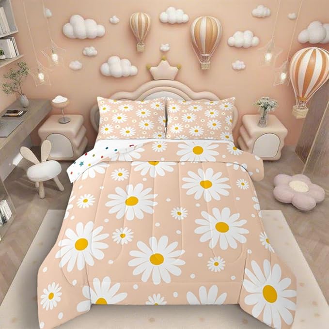 Erosebridal Orange Kawaii Floral Comforter Cute Daisy Toddler Bedding Set for Kids Girls Teen Women Room Decor 2 Pcs,Cartoon Flower Comforter Set Rustic Farmhouse Quilt