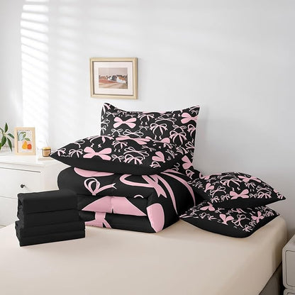 Feelyou Bow Bedding Set for All Season Boys Girls King Size Black Pink Girls Bow 7 Pieces Comforter Sets Women Men Cute Bowknot Bed in a Bag with Comforter, Sheets, Pillowcases & Cushion Cover