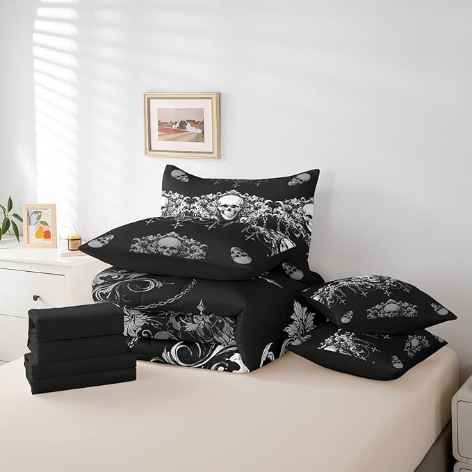 Erosebridal Gothic Bed in a Bag Queen Comforter Set 7 Piece,Goth Sugar Skull Bedding Set,Black White Damask Bohemian Vintage Floral Comforter and Sheet Set,Exotic Antique Victorian Baroque Decor