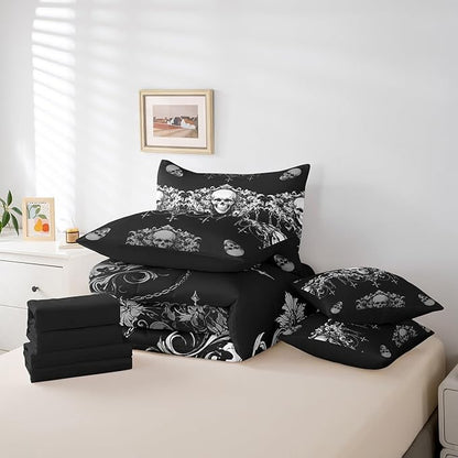 Erosebridal Gothic Bed in a Bag Queen Comforter Set 7 Piece,Goth Sugar Skull Bedding Set,Black White Damask Bohemian Vintage Floral Comforter and Sheet Set,Exotic Antique Victorian Baroque Decor