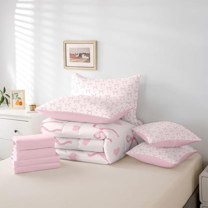 Erosebridal Pink Bow Love Hearts Pink Full Comforter Set 7 Pieces | Bowknot Kawaii Cute Bed in A Bag for Bedroom Princess Dreamy Ribbon Bedding Set with Comforters Girls Women Teens Room Decor