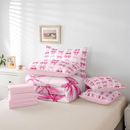 Feelyou Pink Cute Cherry Bow Comforter Set Queen Size 7 Pieces Pink Bow Bedding Set for Kids Boys Girls Princess Decor Bed in a Bag with Comforter, Sheets, Pillowcases, Cushion Covers