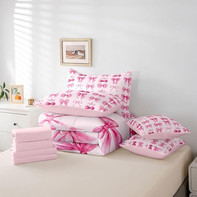 Feelyou Pink Cute Cherry Bow Comforter Set King Size 7 Pieces Pink Bow Bedding Set for Kids Boys Girls Princess Decor Bed in a Bag with Comforter, Sheets, Pillowcases, Cushion Covers