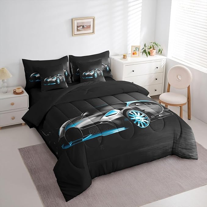 Sports Car 7 Piece Bedding Set Stylish Black Race Car Comforter Set with Sheets for Kids Boys Girls Extreme Sports Theme Bed in a Bag Cool Speed Luxury Car Decor Bed Set with 2 Pillowcases Full